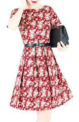 Vintage Blossoms in Mahogany Flare Dress with Short Sleeves