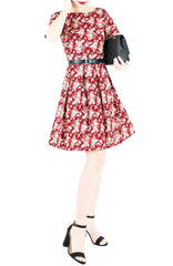 Vintage Blossoms in Mahogany Flare Dress with Short Sleeves