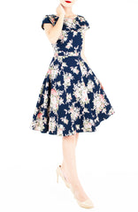 Vintage Heirloom Roses Flare Tea Dress with Cap Sleeves - Dark Blue