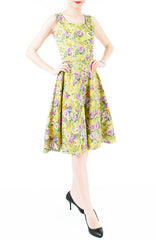 Viva Violet Floral Midi Flare Dress - Olive Green