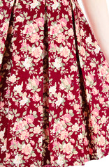 Viva Vintage Floral Flare Dress with Short Sleeves - Burgundy