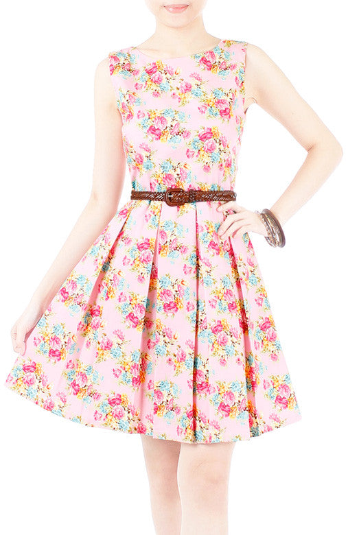 Festive Floral Bouquets Flare Dress - Pink