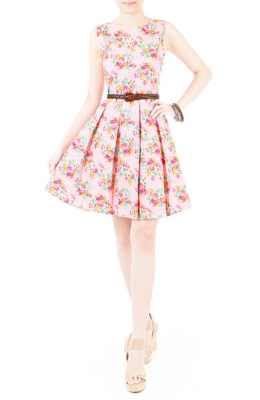 Festive Floral Bouquets Flare Dress - Pink