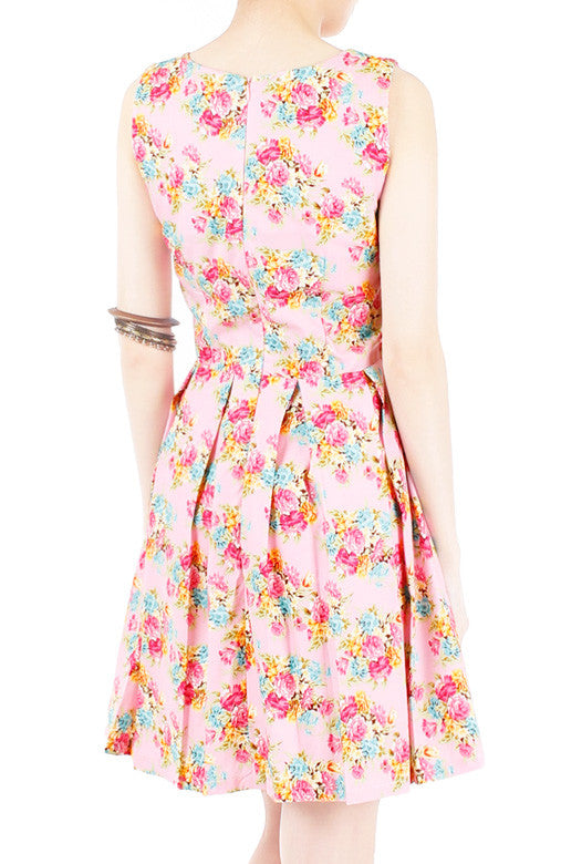 Festive Floral Bouquets Flare Dress - Pink