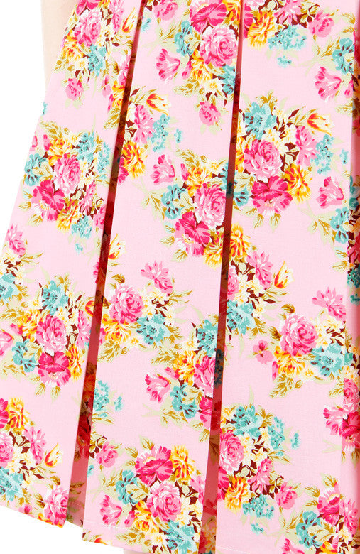 Festive Floral Bouquets Flare Dress - Pink