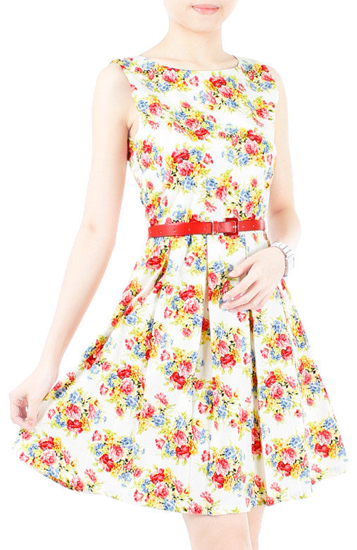 Festive Floral Bouquets Flare Dress - White