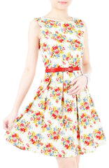 Festive Floral Bouquets Flare Dress - White