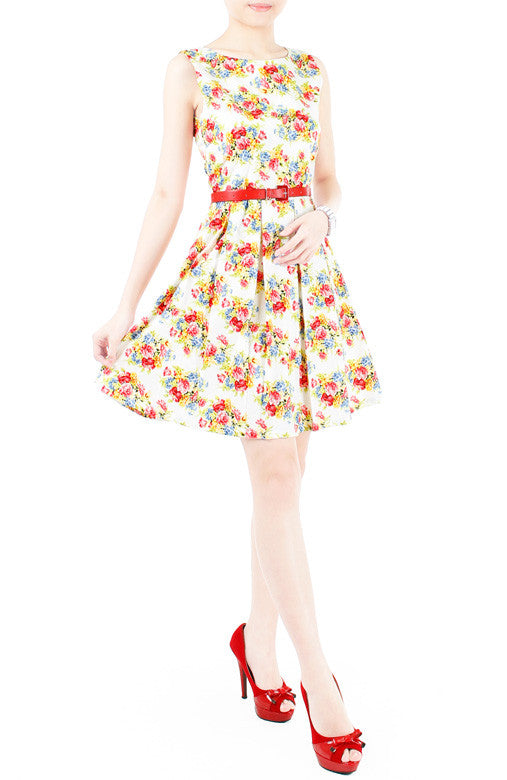 Festive Floral Bouquets Flare Dress - White