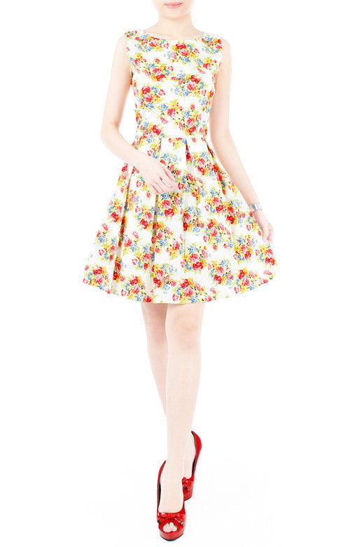 Festive Floral Bouquets Flare Dress - White