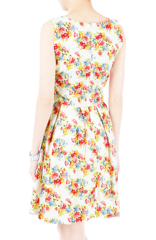 Festive Floral Bouquets Flare Dress - White