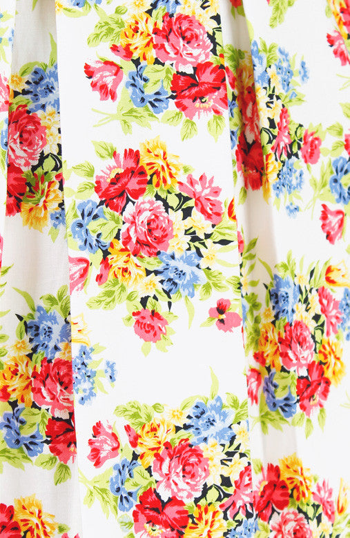 Festive Floral Bouquets Flare Dress - White