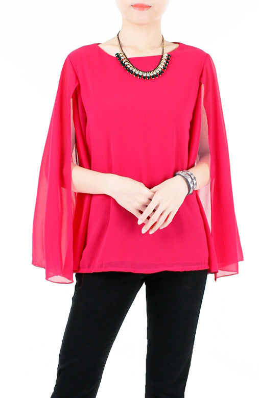 Fleur Cape Long Sleeve Blouse - Rose Pink