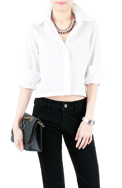 Mind Your Business Cropped Boyfriend Shirt - White