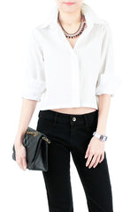 Mind Your Business Cropped Boyfriend Shirt - White