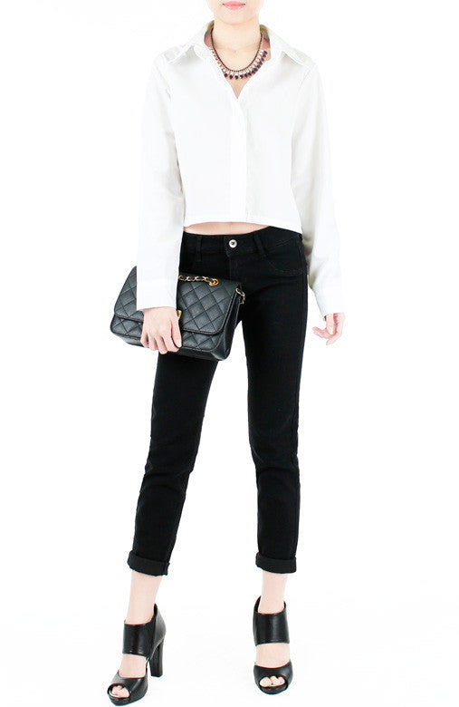 Mind Your Business Cropped Boyfriend Shirt - White