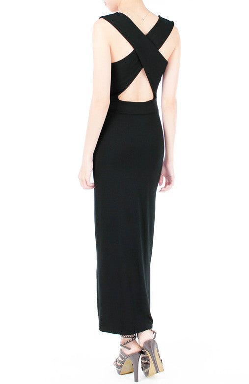 Night Aphrodite Maxi Dress With Cross Back - Black
