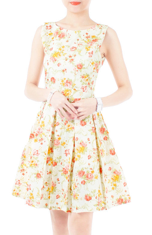 Oriental Rose Blooms Flare Dress