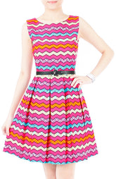 Christmas Chevron Patchwork Flare Dress - Hot Pink