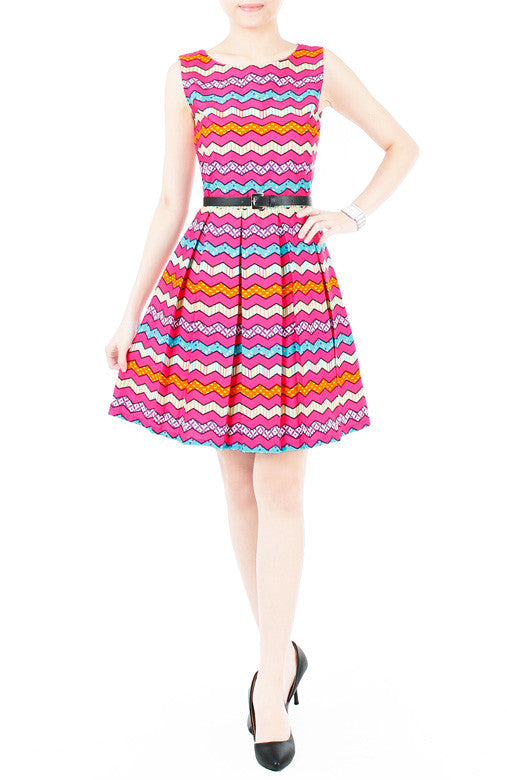 Christmas Chevron Patchwork Flare Dress - Hot Pink