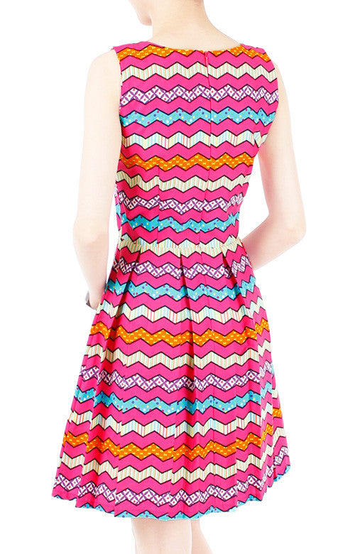 Christmas Chevron Patchwork Flare Dress - Hot Pink