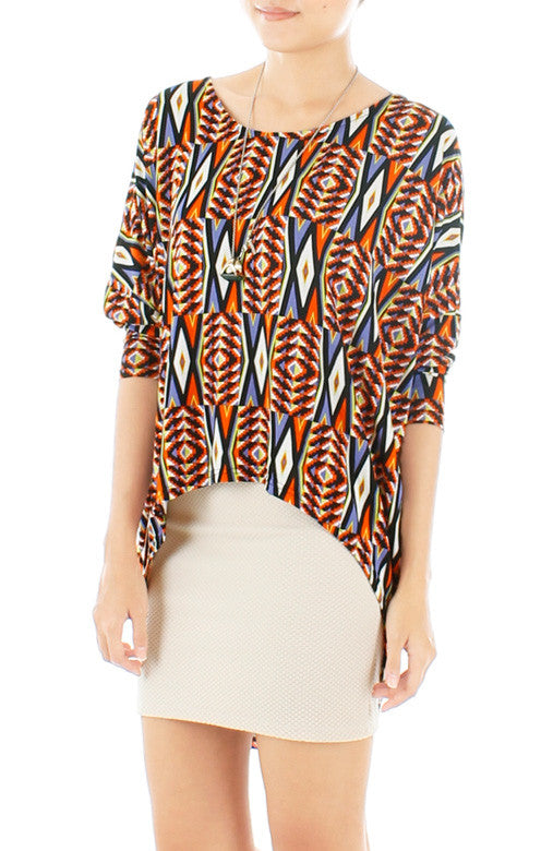Psychedelic Aztec Dip Back Blouse - Orange