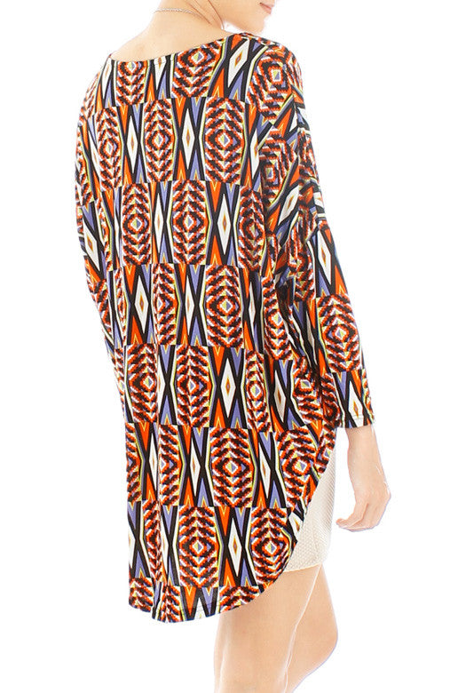 Psychedelic Aztec Dip Back Blouse - Orange