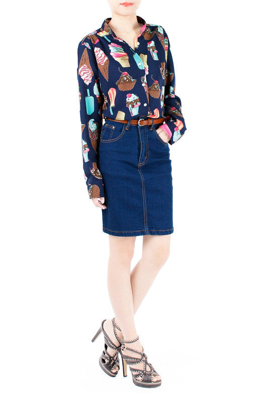 Sundae Funday Long Sleeve Blouse - Blue