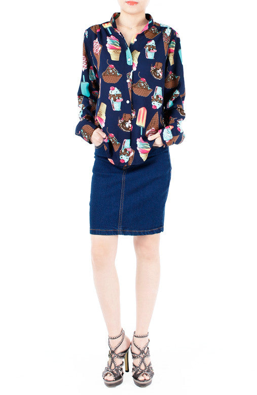 Sundae Funday Long Sleeve Blouse - Blue