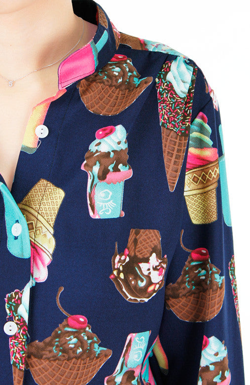 Sundae Funday Long Sleeve Blouse - Blue