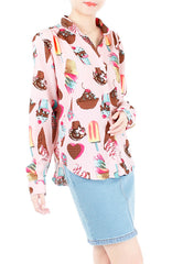 Sundae Funday Long Sleeve Blouse - Strawberry Pink