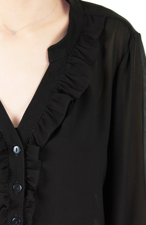 Sweet Crepe Long Sleeve Blouse - Black