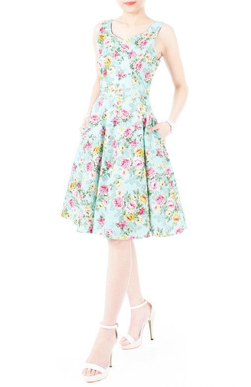 Viva Violet Floral Midi Flare Dress - Light Blue