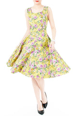 Viva Violet Floral Midi Flare Dress - Olive Green