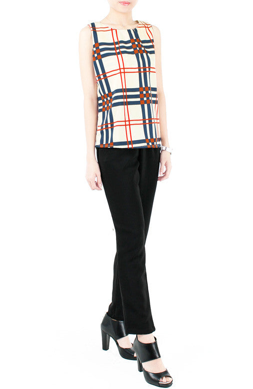 Window Plaid Sleeveless Blouse - Cream