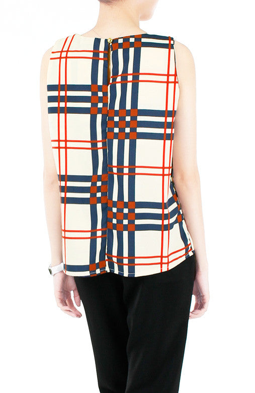 Window Plaid Sleeveless Blouse - Cream