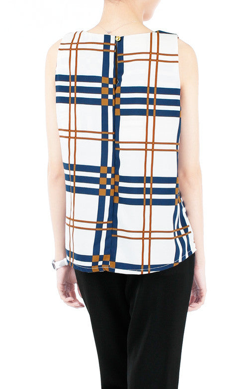 Window Plaid Sleeveless Blouse - White