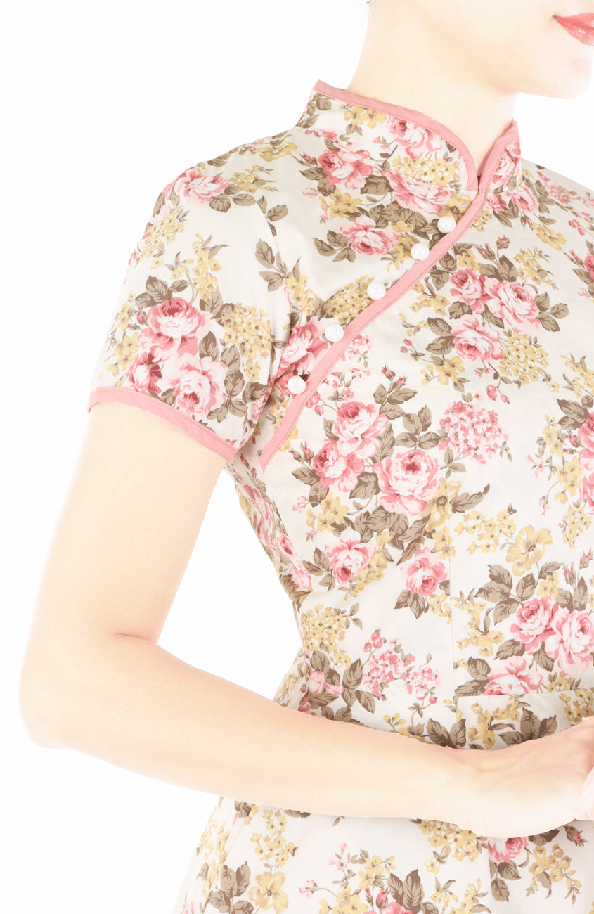 Enchanted Famille Rose Cheongsam with Pearl Buttons