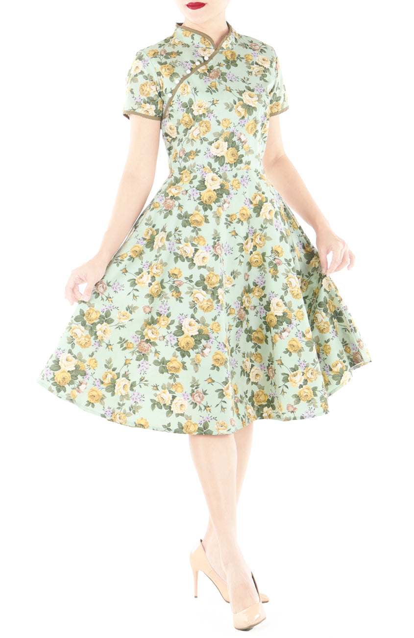 Golden Celadon Cheongsam with Pearl Buttons