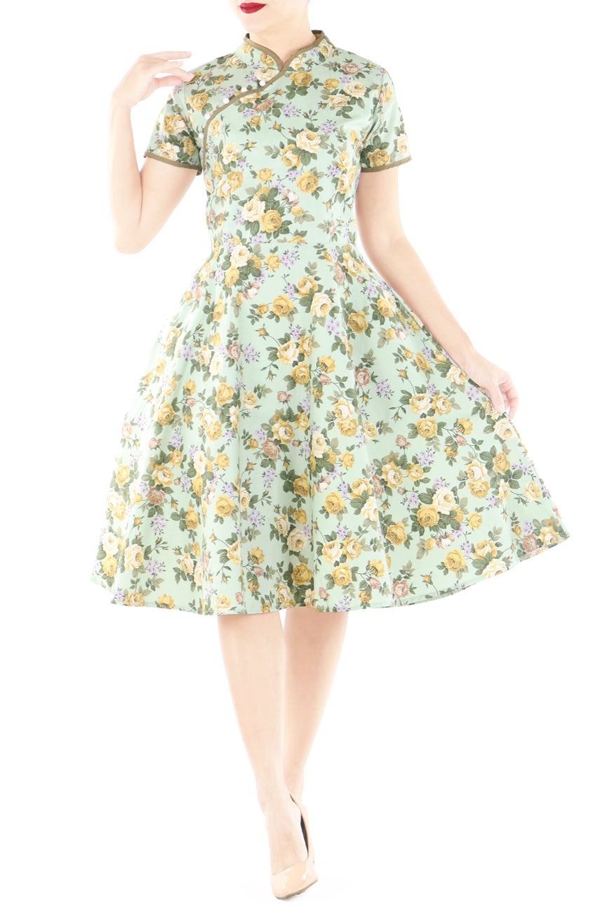 Golden Celadon Cheongsam with Pearl Buttons