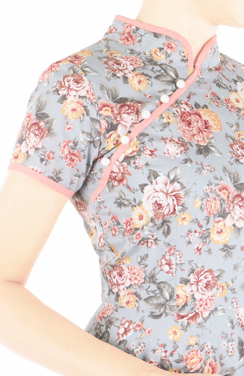 Heritage Peonies Cheongsam with Pearl Buttons