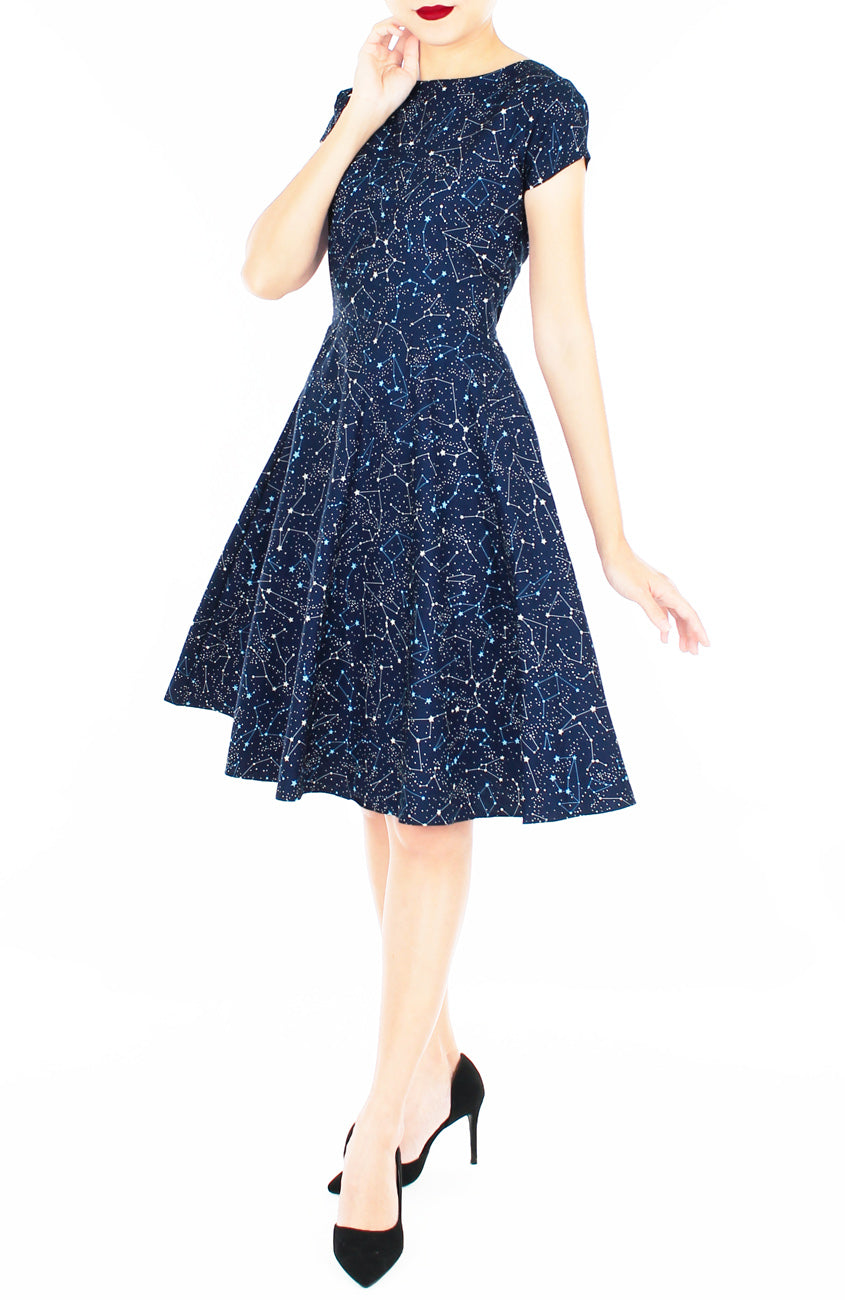 Moonlight Galaxy Flare Tea Dress - Midnight Blue