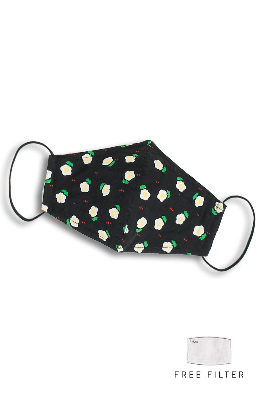 60s Flower Bomb Pure Cotton Face Mask - Night Black
