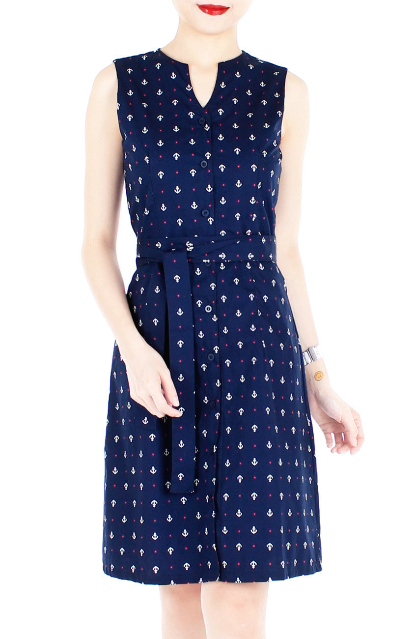 Ahoy, Gorgeous! Nautical A-Line Button Down Dress in Knee Length - Deep Blue