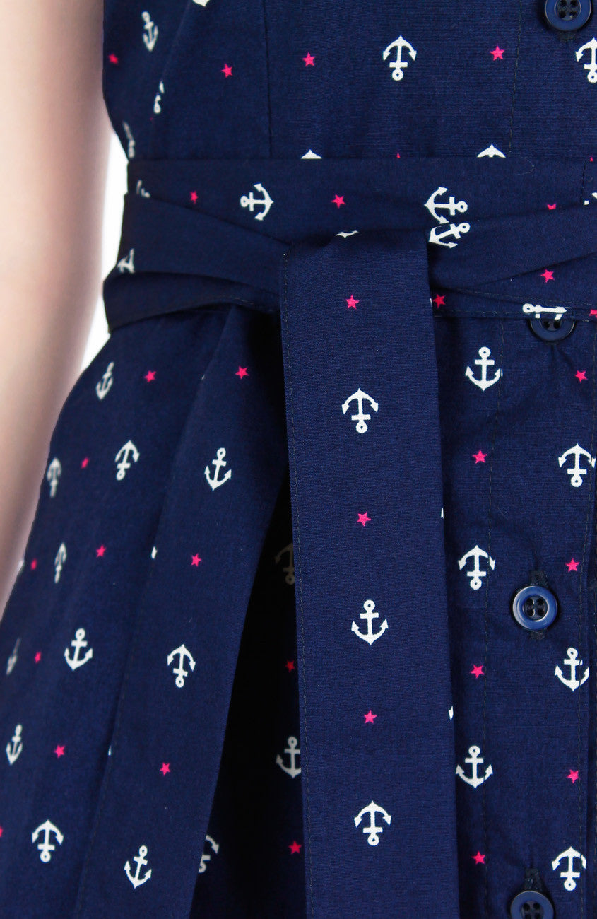 Ahoy, Gorgeous! Nautical A-Line Button Down Dress in Knee Length - Deep Blue