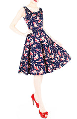 Artful Prosperity Koi Flare Midi Dress - Aegean Blue