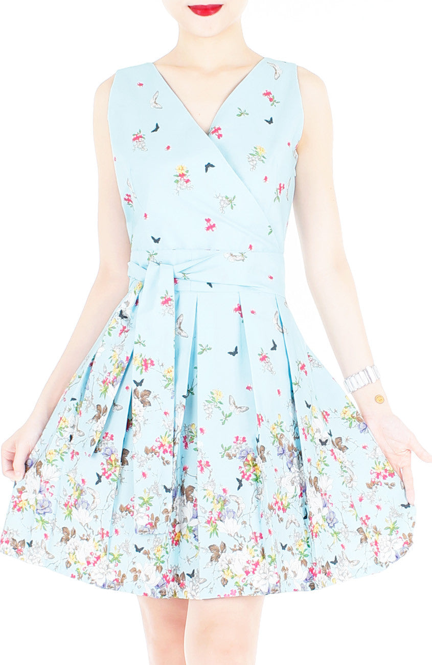 Butterfly of Paradise Wrap Dress with Belt - Baby Blue