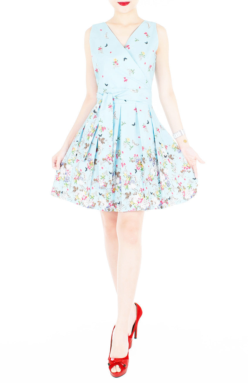 Butterfly of Paradise Wrap Dress with Belt - Baby Blue