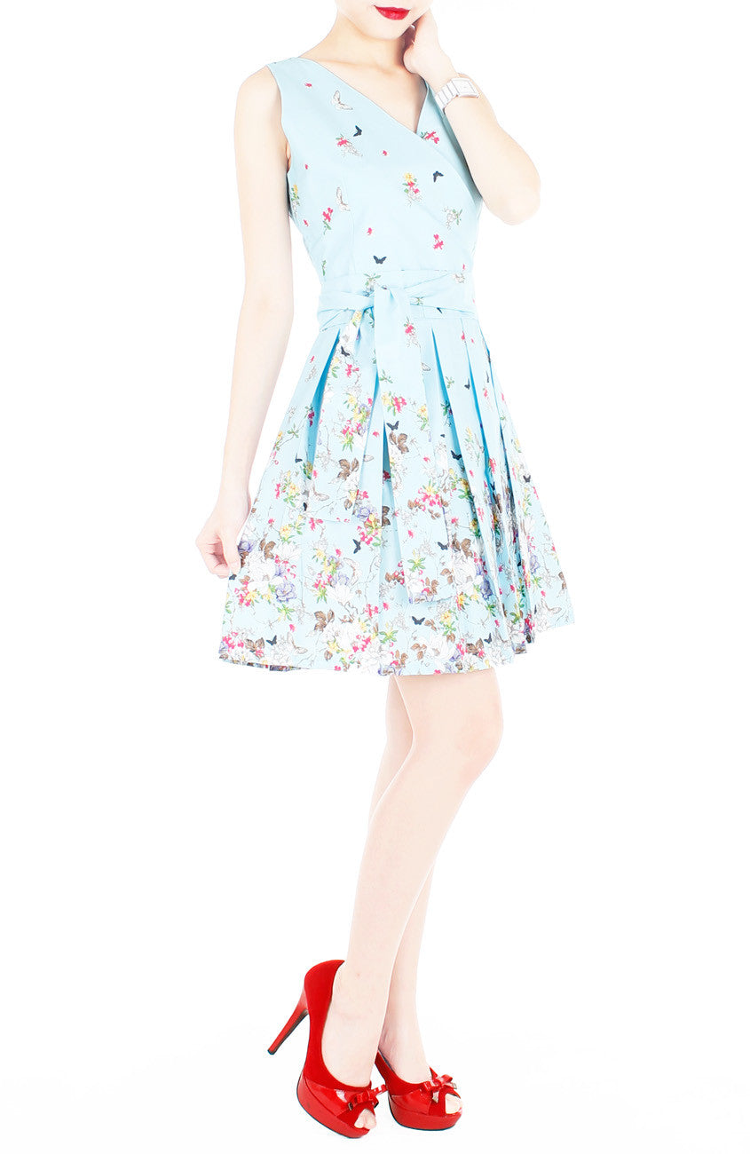 Butterfly of Paradise Wrap Dress with Belt - Baby Blue
