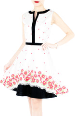 Carmine Daisies Flare Dress with Black Trims - White