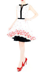 Carmine Daisies Flare Dress with Black Trims - White